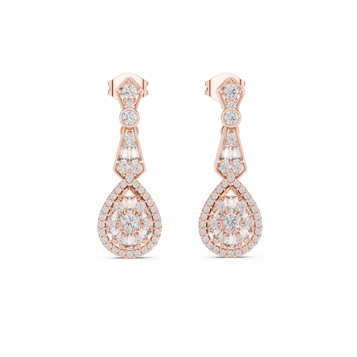 Vintage teardrop lab grown diamond drop earrings in gold with round and baguette diamonds by Signora Jewels