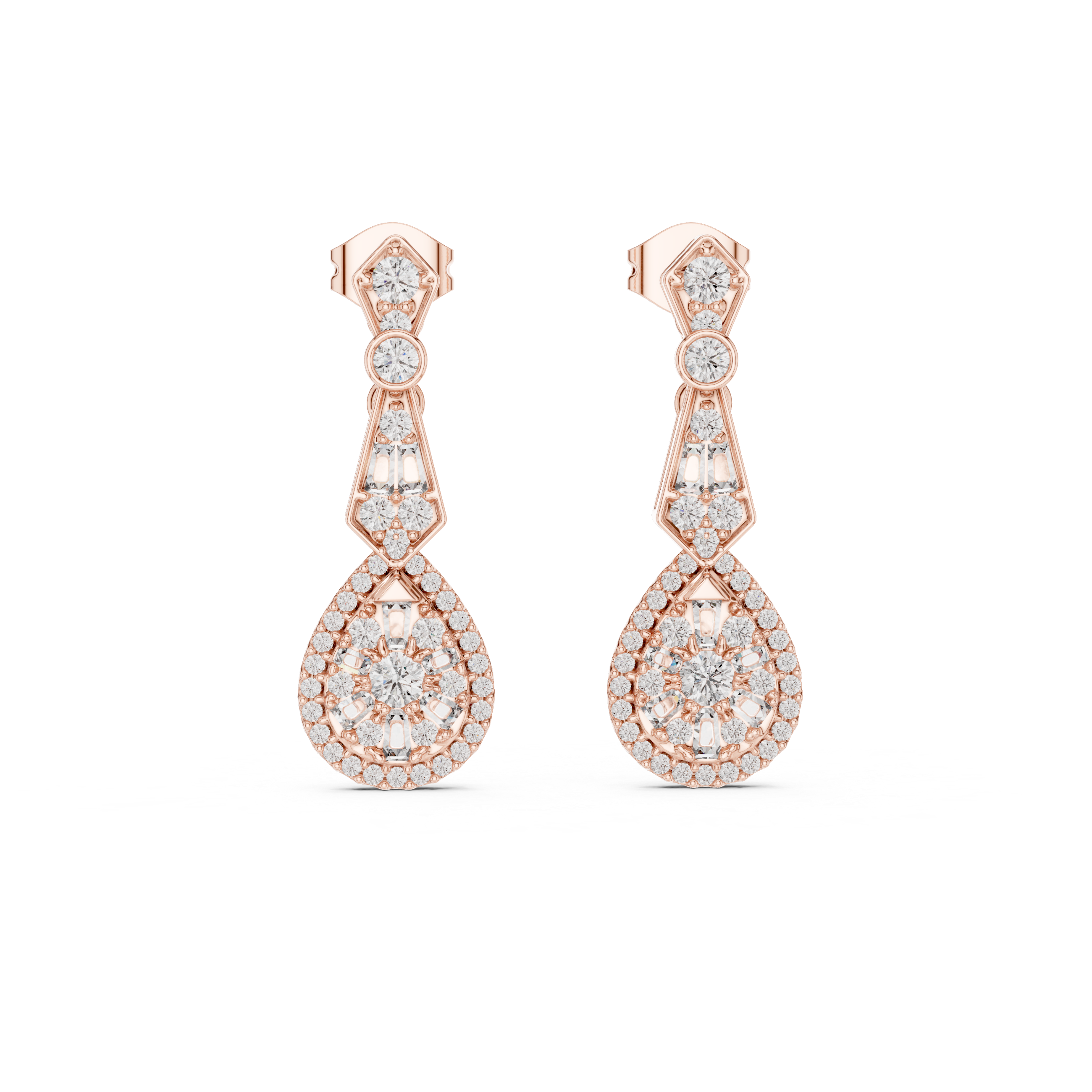 Vintage teardrop lab grown diamond drop earrings in gold with round and baguette diamonds by Signora Jewels