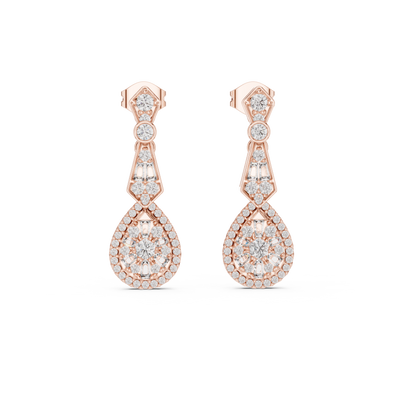 Vintage teardrop lab grown diamond drop earrings in gold with round and baguette diamonds by Signora Jewels