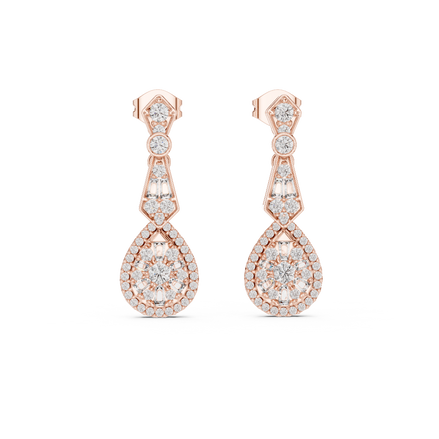 Front view of Vintage Radiance round and baguette diamond drop earrings in rose gold.