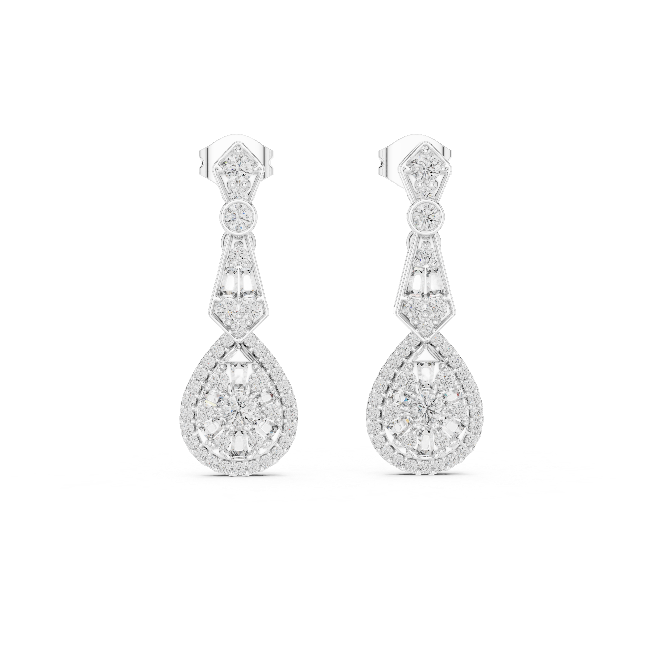 Vintage teardrop lab grown diamond drop earrings in gold with round and baguette diamonds by Signora Jewels