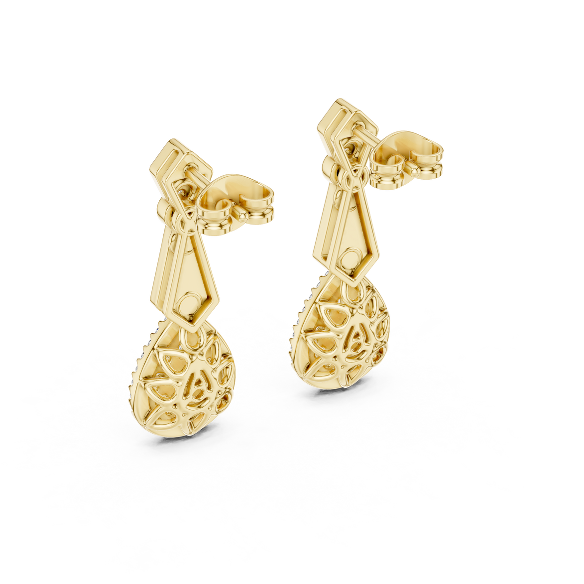Vintage teardrop lab grown diamond drop earrings in gold with round and baguette diamonds by Signora Jewels