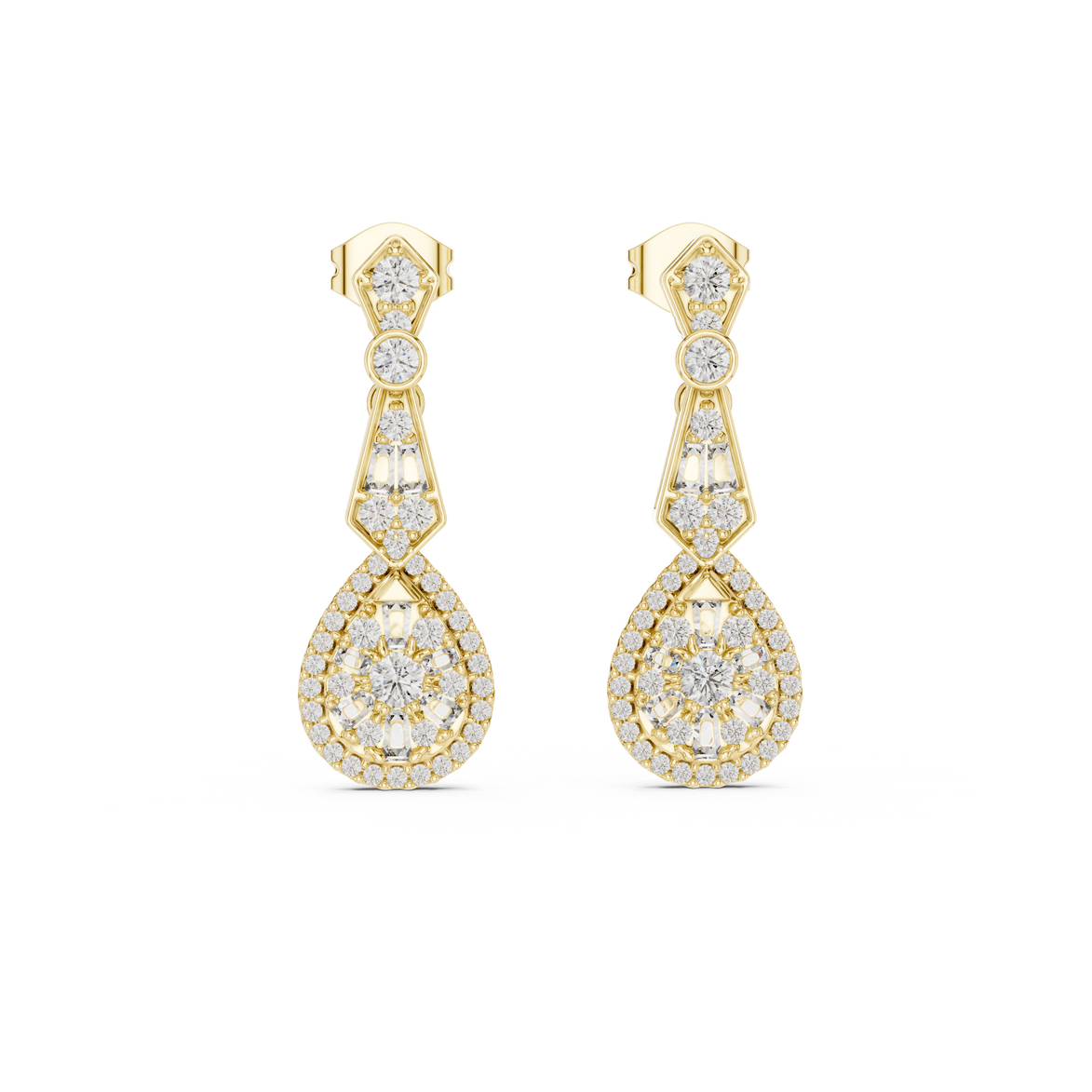 Vintage teardrop lab grown diamond drop earrings in gold with round and baguette diamonds by Signora Jewels