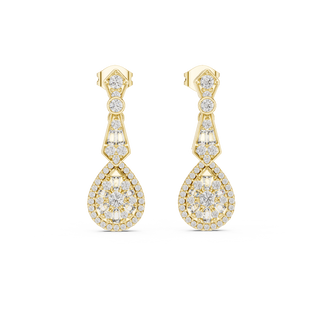 Front view of Vintage Radiance round and baguette diamond drop earrings in yellow gold.