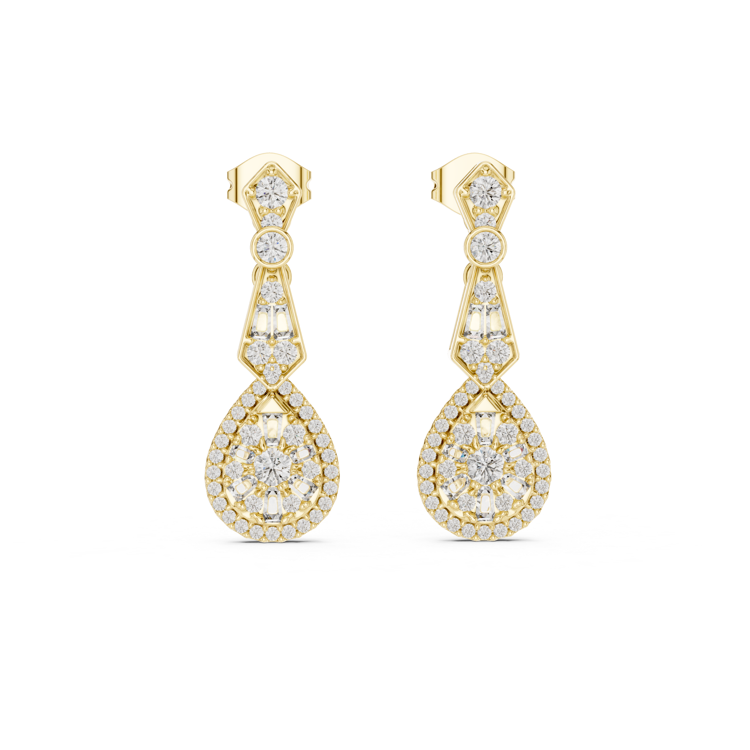 Vintage teardrop lab grown diamond drop earrings in gold with round and baguette diamonds by Signora Jewels