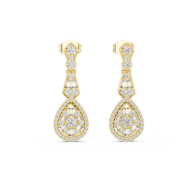 Front view of Vintage Radiance round and baguette diamond drop earrings in yellow gold.