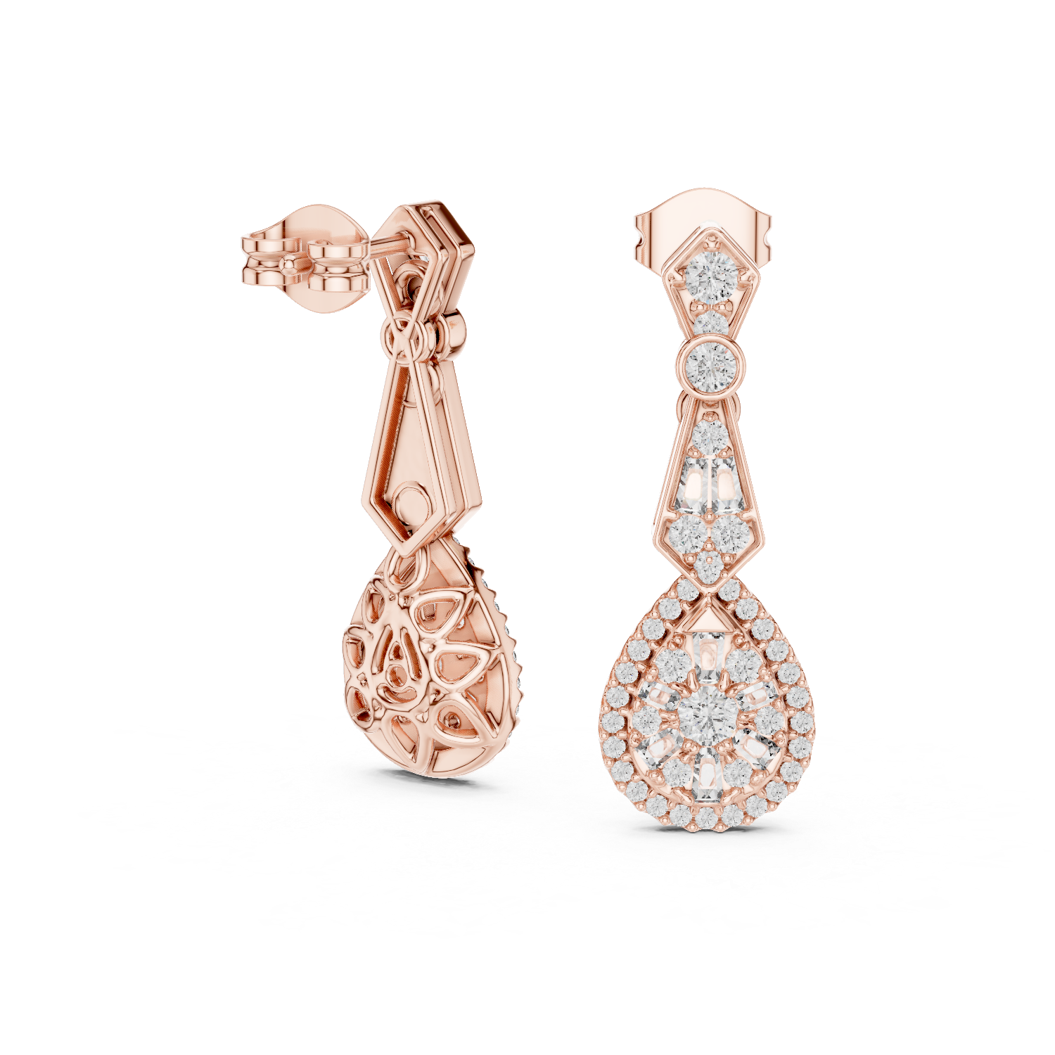 Vintage teardrop lab grown diamond drop earrings in gold with round and baguette diamonds by Signora Jewels