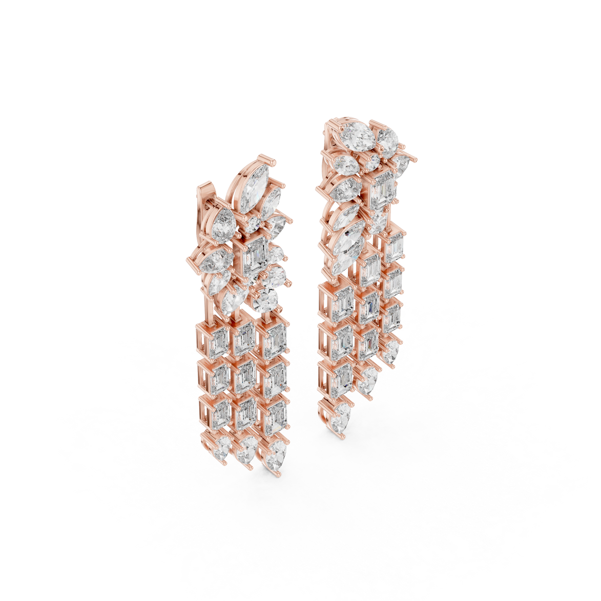 Luxury multi shape lab grown diamond chandelier earrings in gold with emerald, pear and marquise diamonds by Signora Jewels