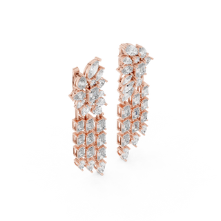 Side profile of rose gold multi-shape diamond chandelier earrings.