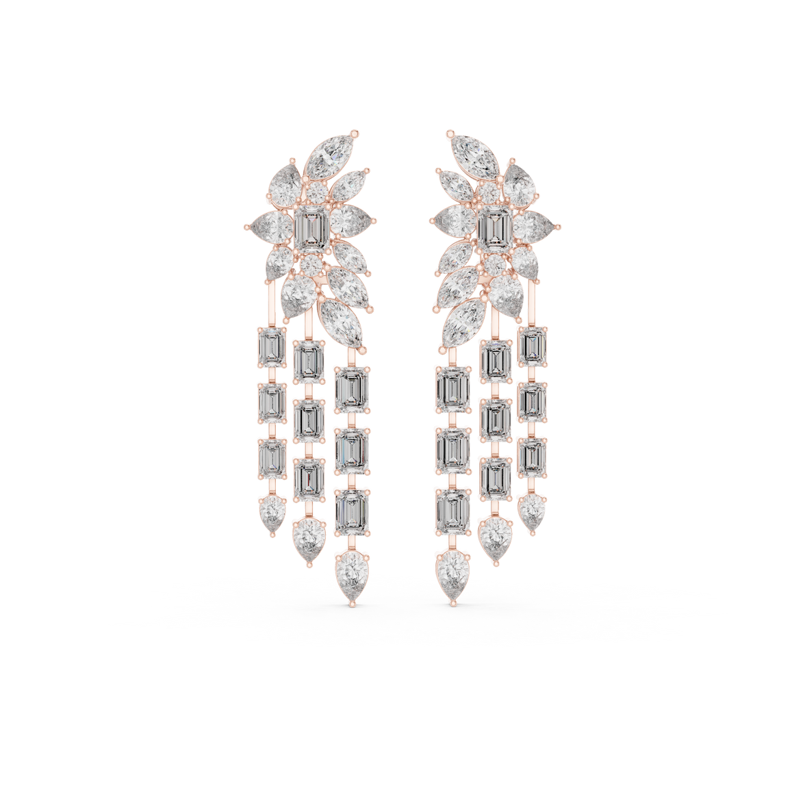 Luxury multi shape lab grown diamond chandelier earrings in gold with emerald, pear and marquise diamonds by Signora Jewels