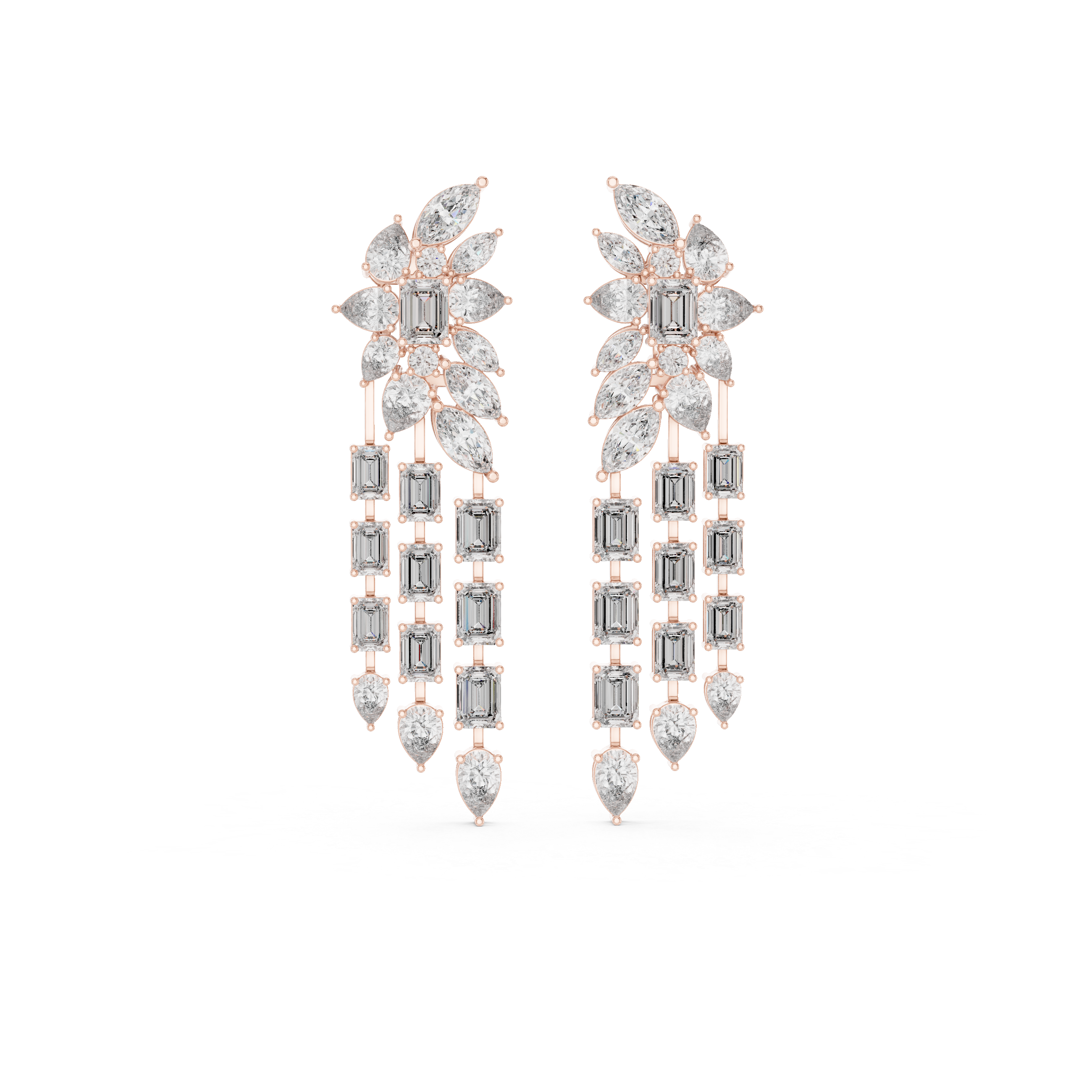 Luxury multi shape lab grown diamond chandelier earrings in gold with emerald, pear and marquise diamonds by Signora Jewels