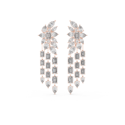 Luxury multi shape lab grown diamond chandelier earrings in gold with emerald, pear and marquise diamonds by Signora Jewels