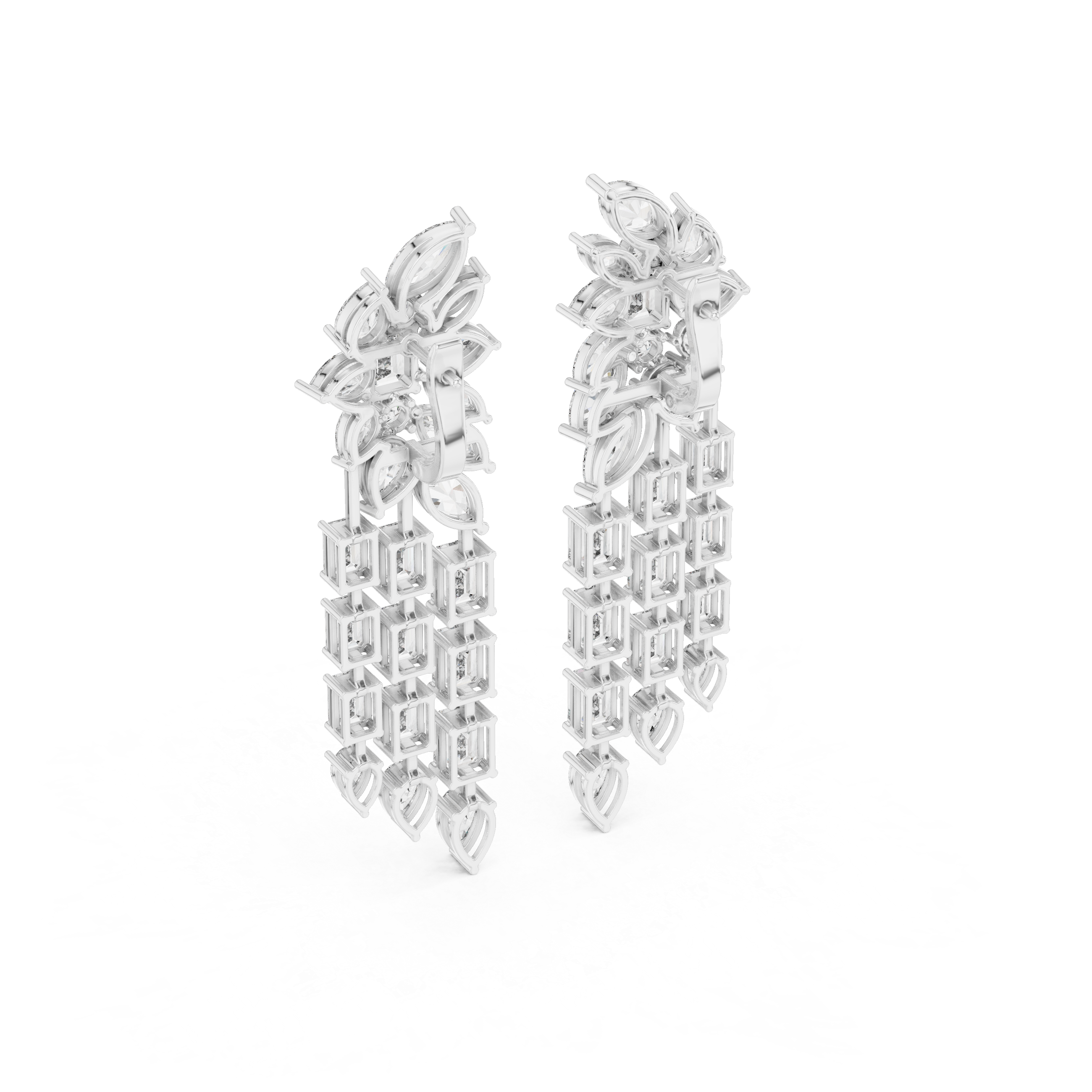 Luxury multi shape lab grown diamond chandelier earrings in gold with emerald, pear and marquise diamonds by Signora Jewels