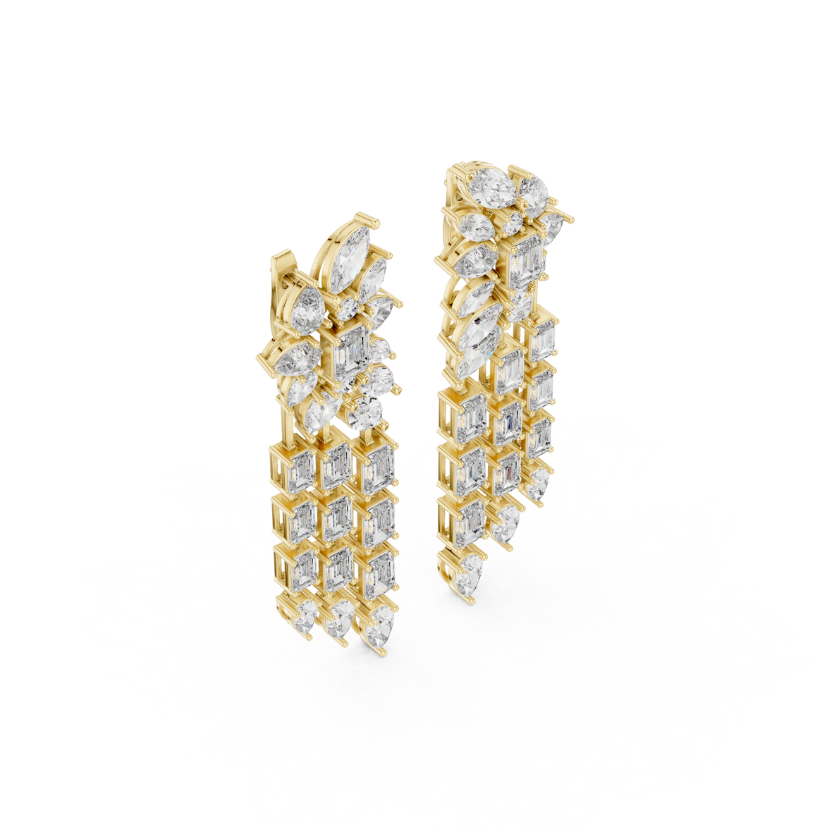 Luxury multi shape lab grown diamond chandelier earrings in gold with emerald, pear and marquise diamonds by Signora Jewels