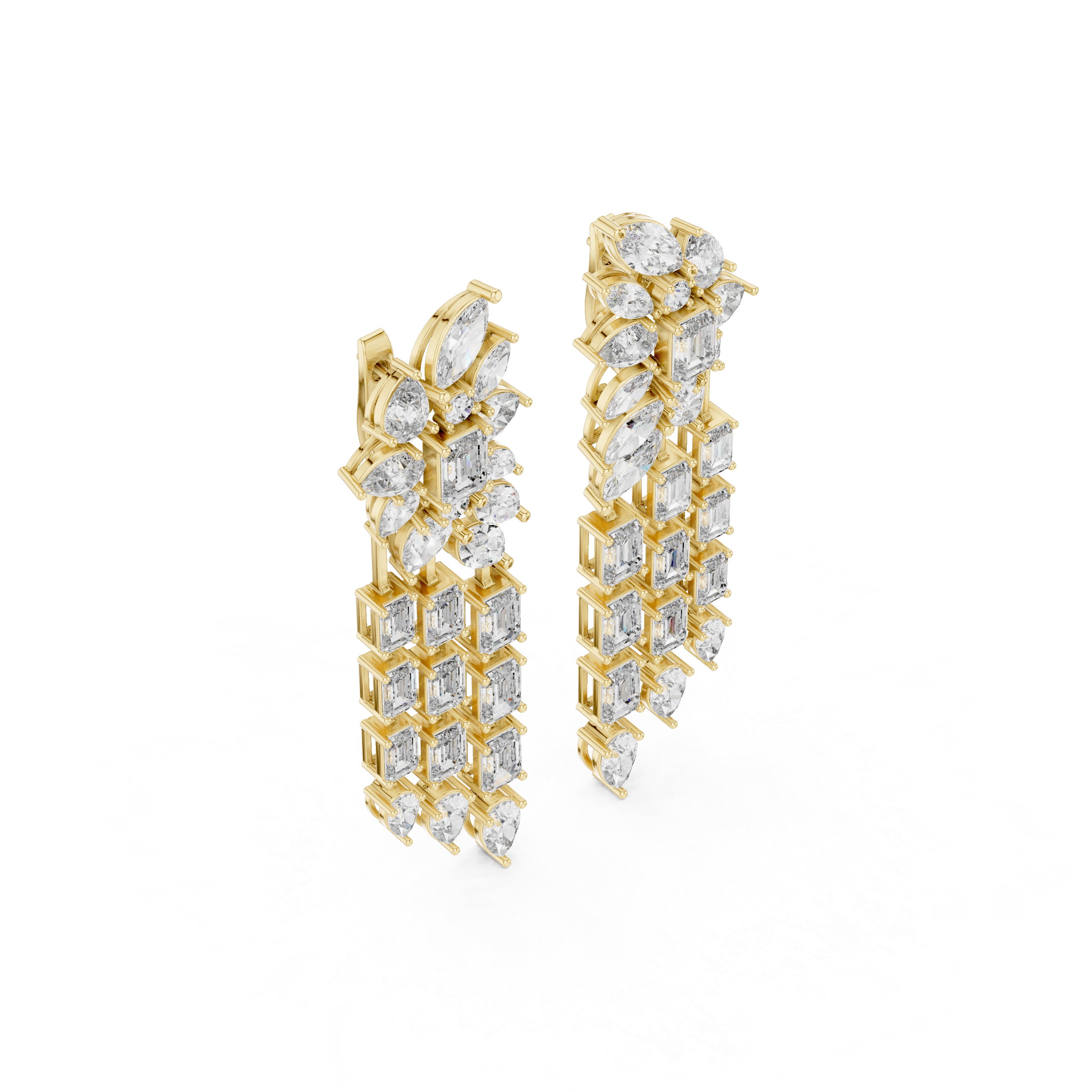 Luxury multi shape lab grown diamond chandelier earrings in gold with emerald, pear and marquise diamonds by Signora Jewels