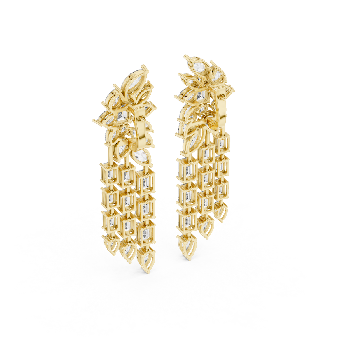 Luxury multi shape lab grown diamond chandelier earrings in gold with emerald, pear and marquise diamonds by Signora Jewels