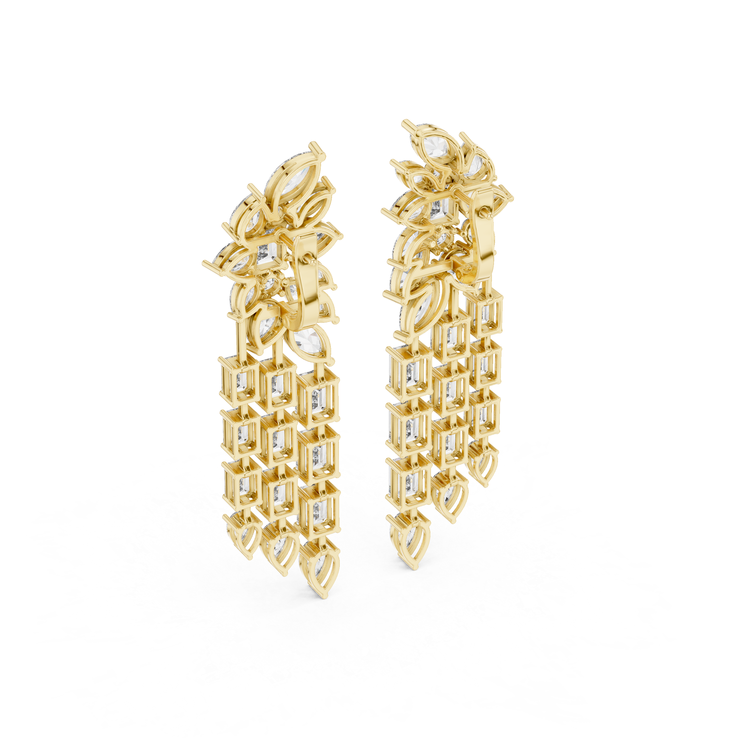 Luxury multi shape lab grown diamond chandelier earrings in gold with emerald, pear and marquise diamonds by Signora Jewels