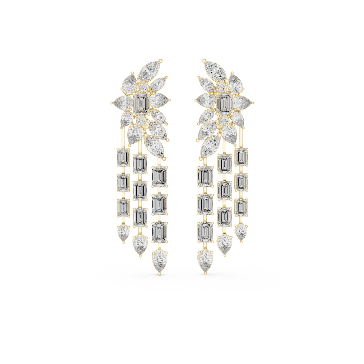 Luxury multi shape lab grown diamond chandelier earrings in gold with emerald, pear and marquise diamonds by Signora Jewels