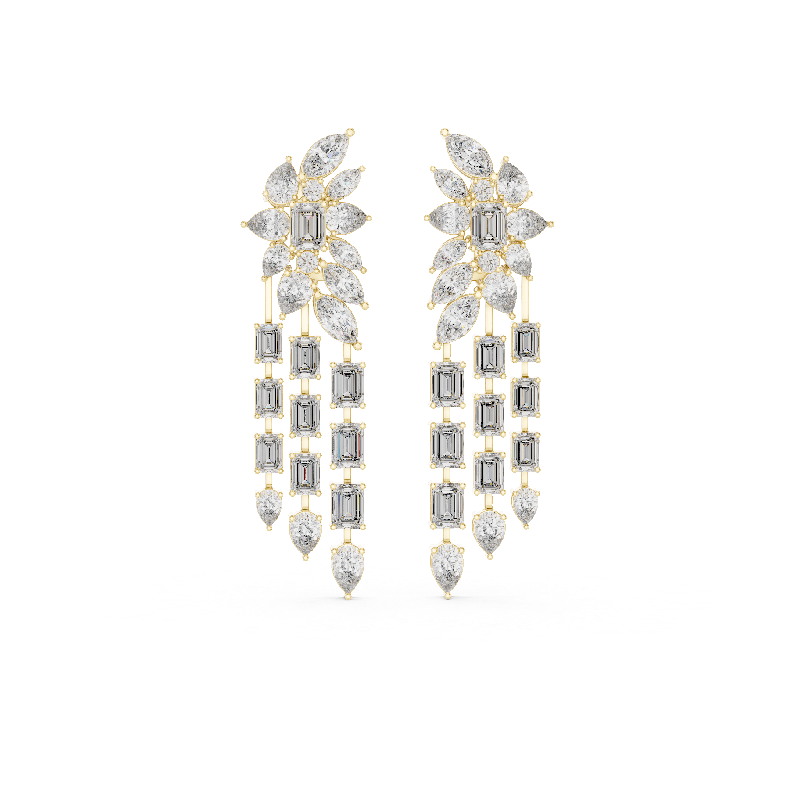 Luxury multi shape lab grown diamond chandelier earrings in gold with emerald, pear and marquise diamonds by Signora Jewels