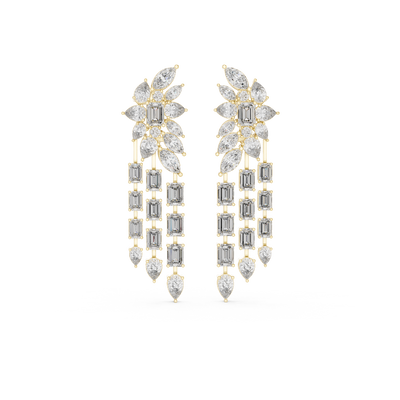 Front view of Cascading Elegance diamond chandelier earrings in yellow gold.