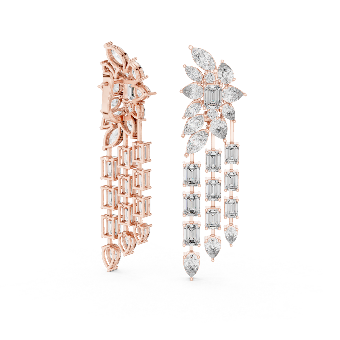 Luxury multi shape lab grown diamond chandelier earrings in gold with emerald, pear and marquise diamonds by Signora Jewels