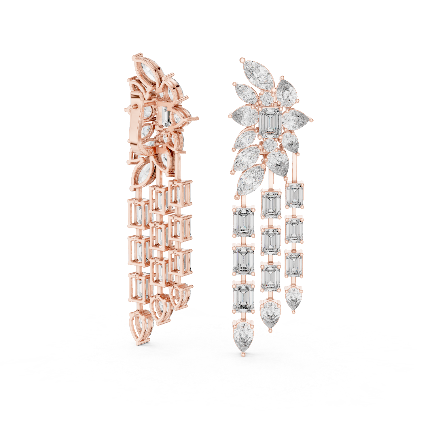 Luxury multi shape lab grown diamond chandelier earrings in gold with emerald, pear and marquise diamonds by Signora Jewels