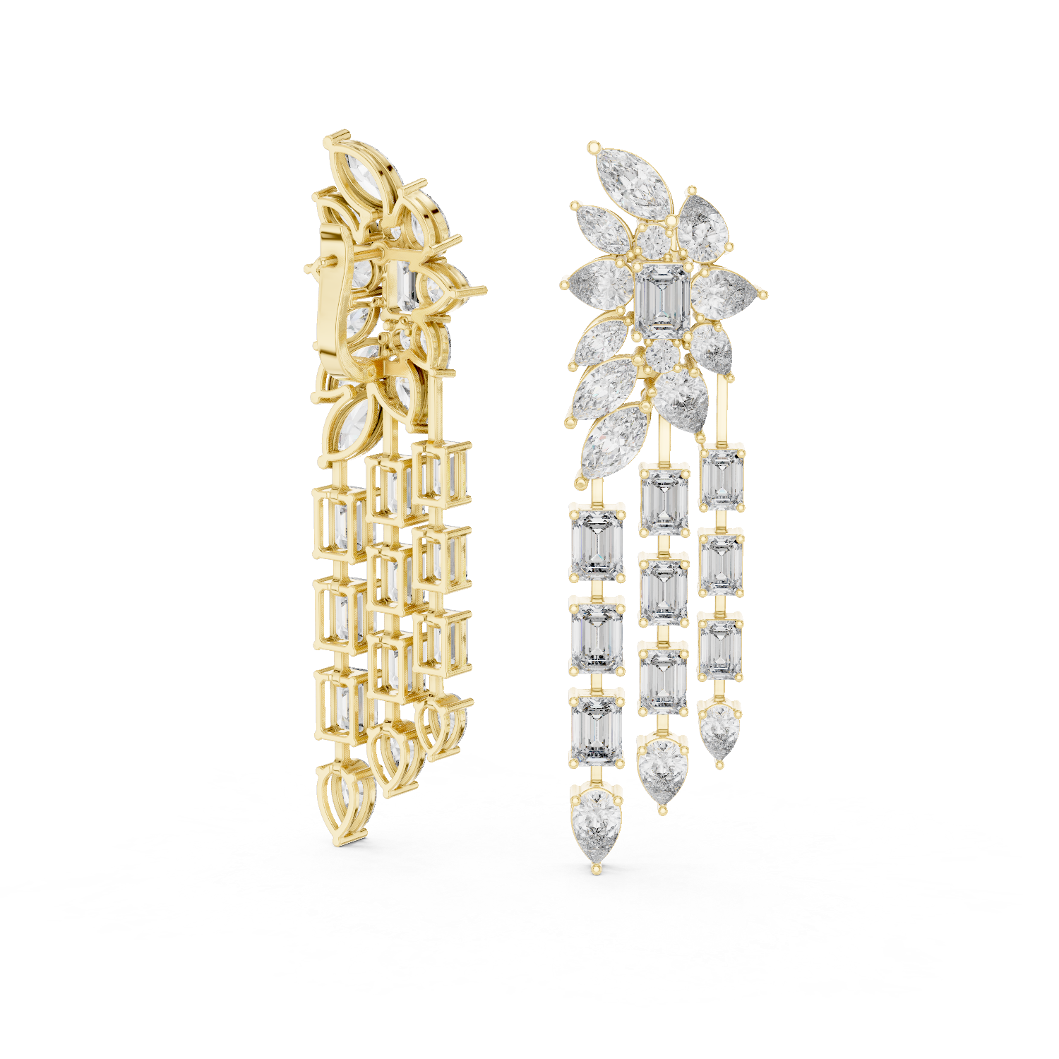 Luxury multi shape lab grown diamond chandelier earrings in gold with emerald, pear and marquise diamonds by Signora Jewels