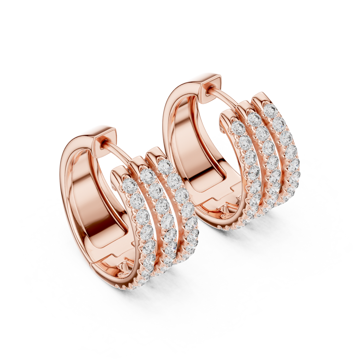 Triple row lab grown diamond hoop earrings in gold with round diamonds by Signora Jewels
