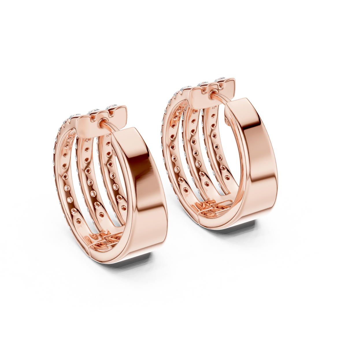 Triple row lab grown diamond hoop earrings in gold with round diamonds by Signora Jewels