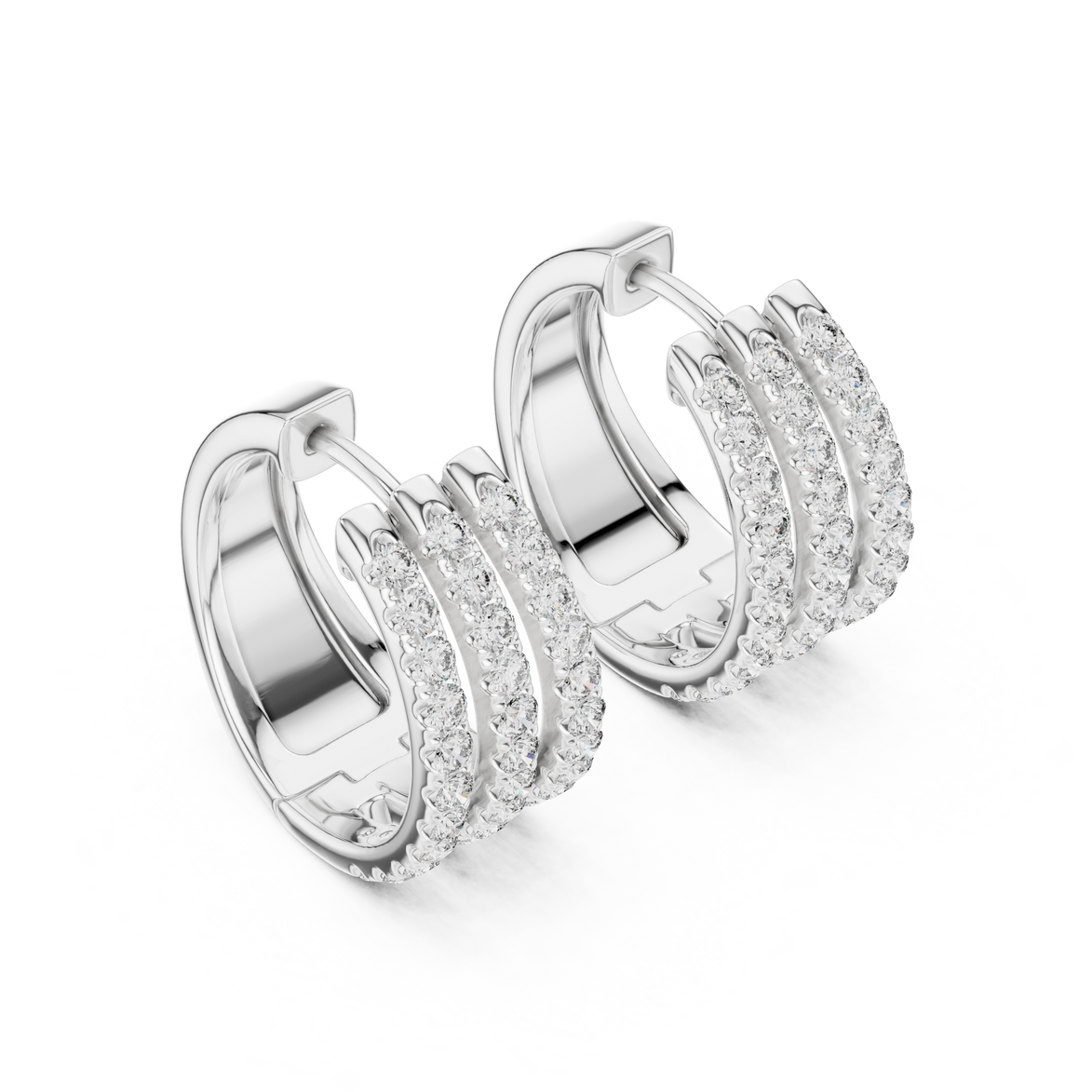 Triple row lab grown diamond hoop earrings in gold with round diamonds by Signora Jewels