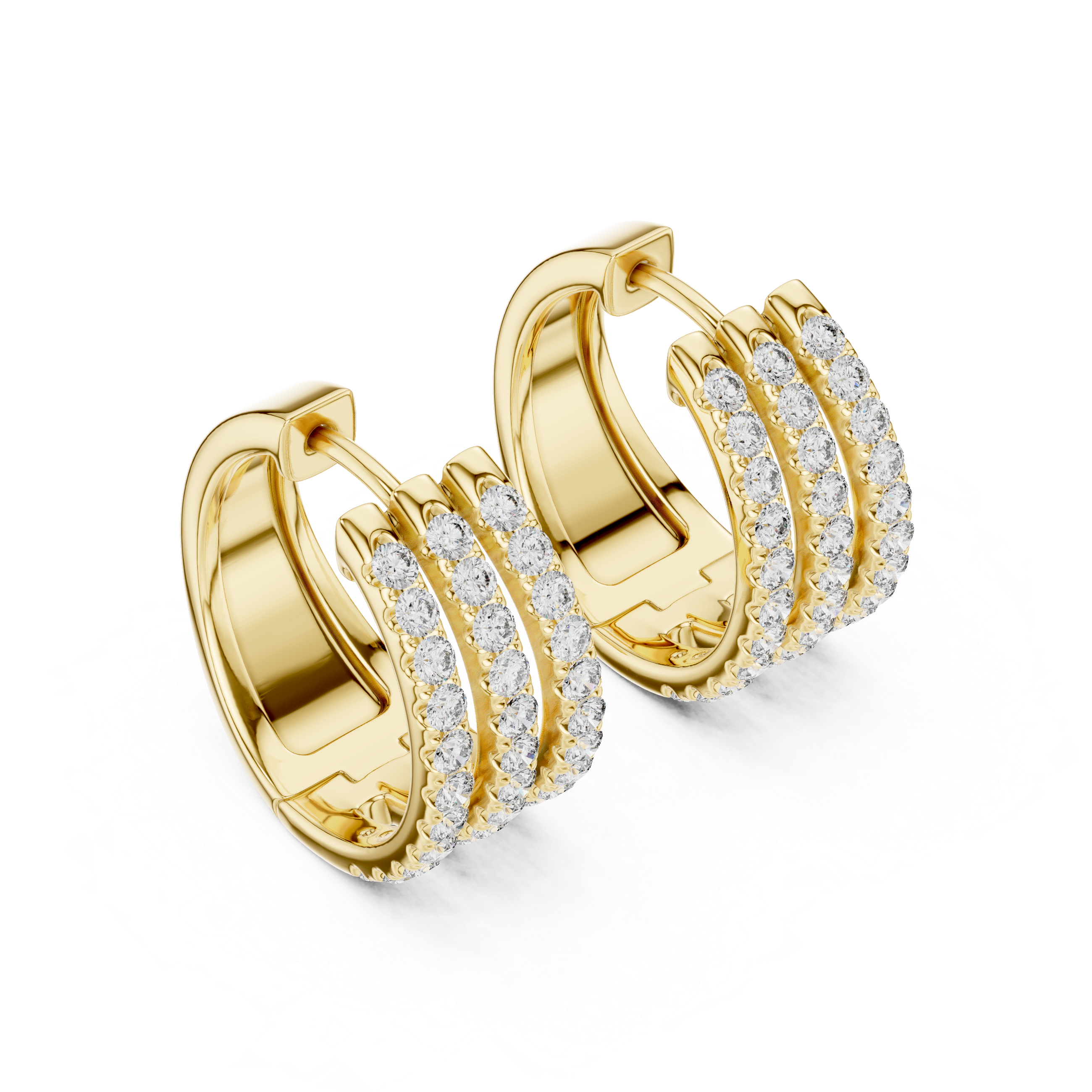 Triple row lab grown diamond hoop earrings in gold with round diamonds by Signora Jewels