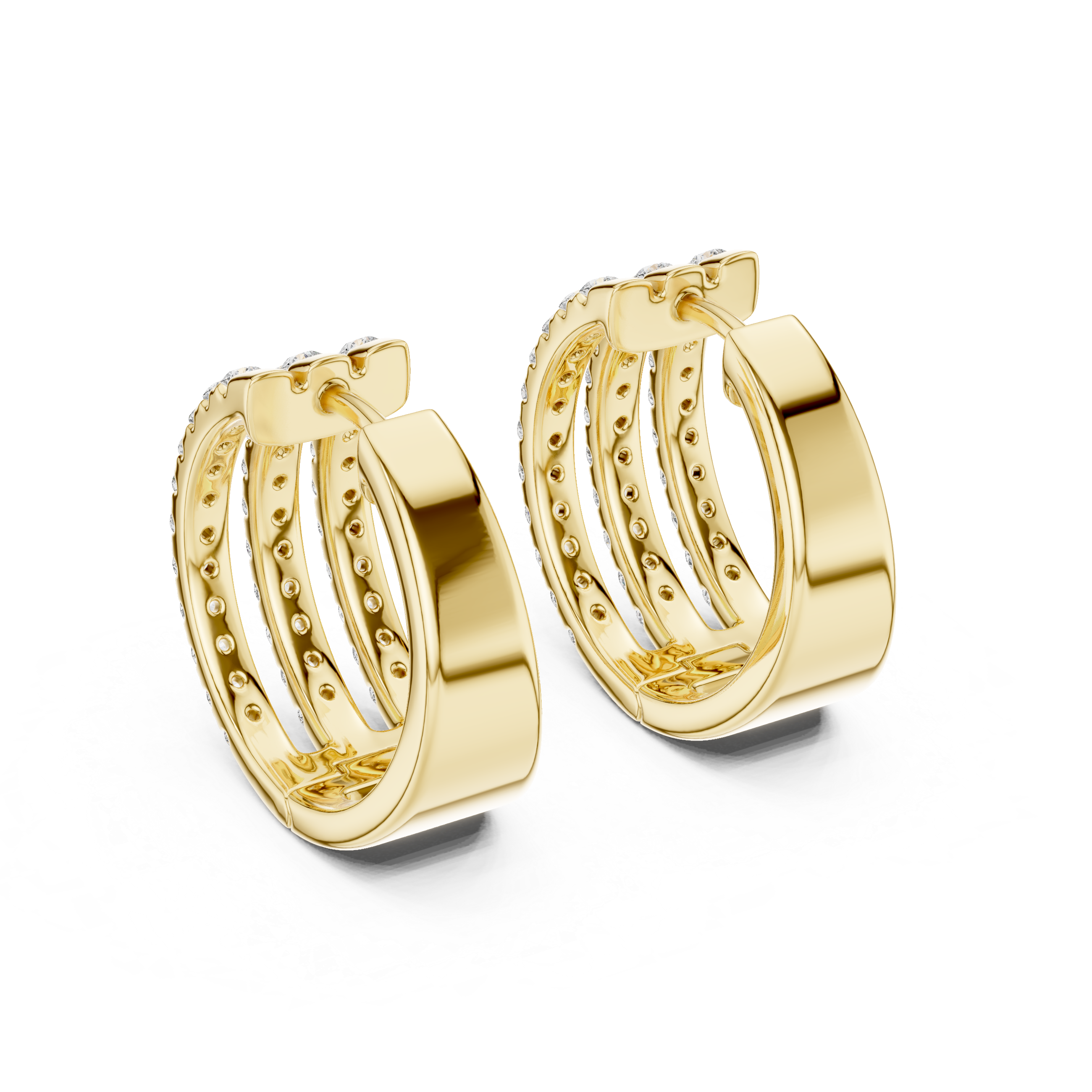 Triple row lab grown diamond hoop earrings in gold with round diamonds by Signora Jewels