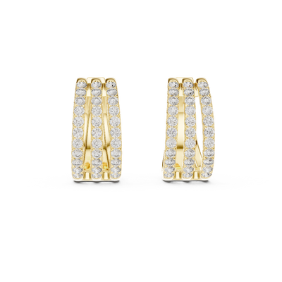 Front view of Triple Row Brilliance diamond hoop earrings in yellow gold.