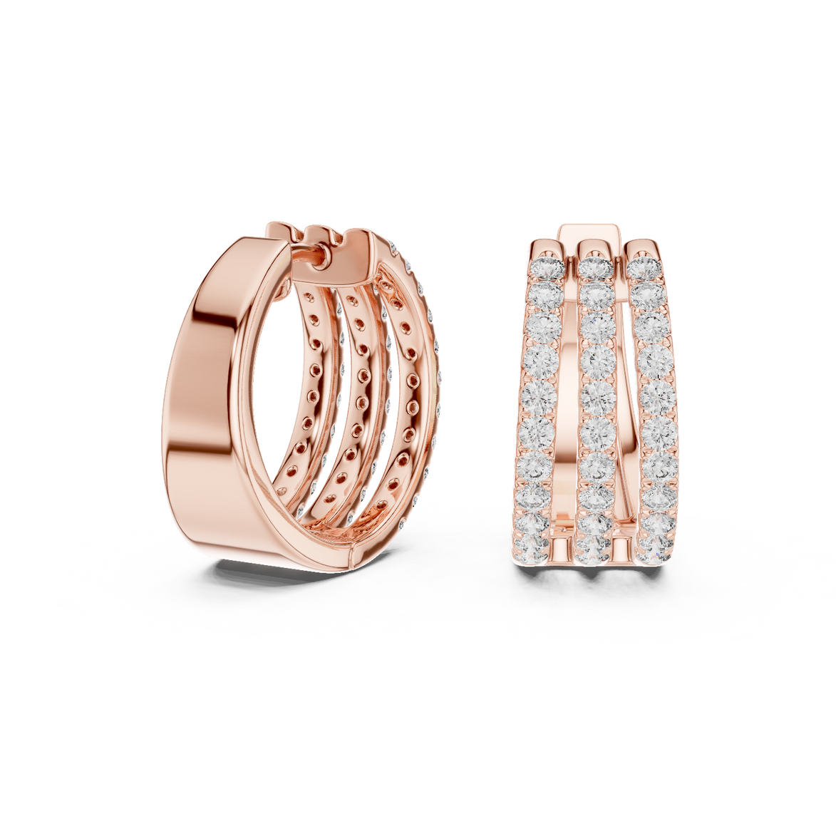 Triple row lab grown diamond hoop earrings in gold with round diamonds by Signora Jewels