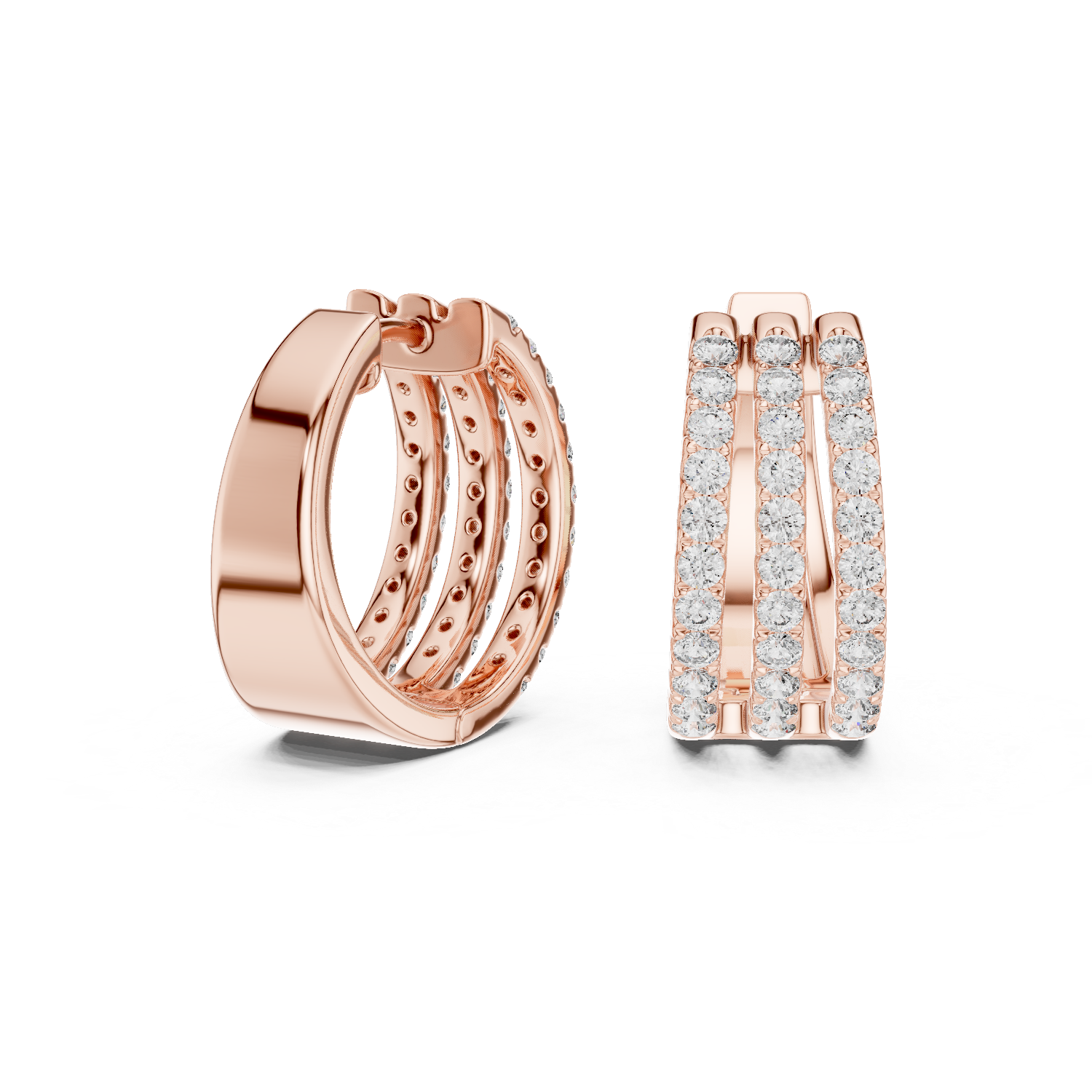 Triple row lab grown diamond hoop earrings in gold with round diamonds by Signora Jewels