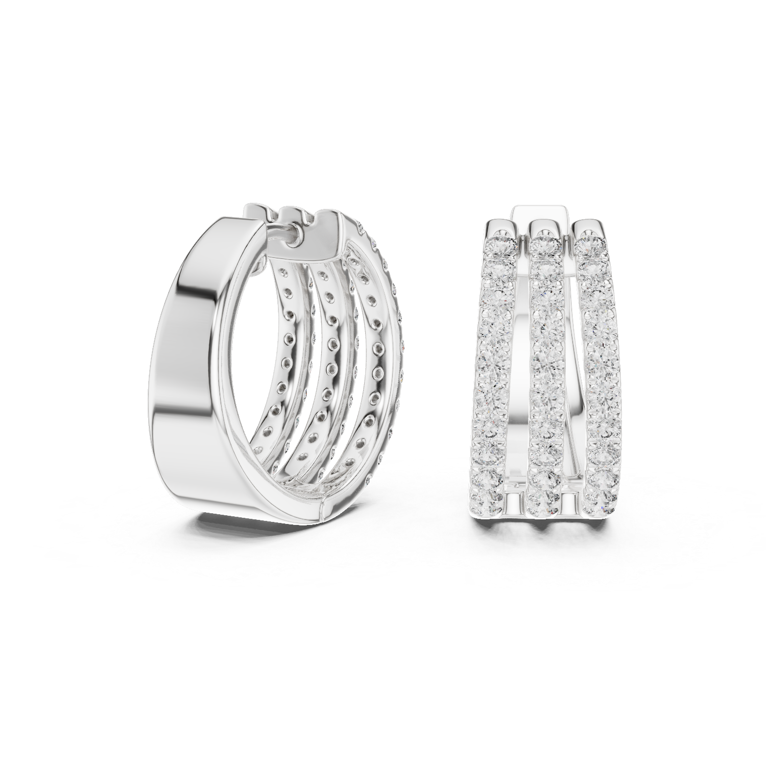 Triple row lab grown diamond hoop earrings in gold with round diamonds by Signora Jewels