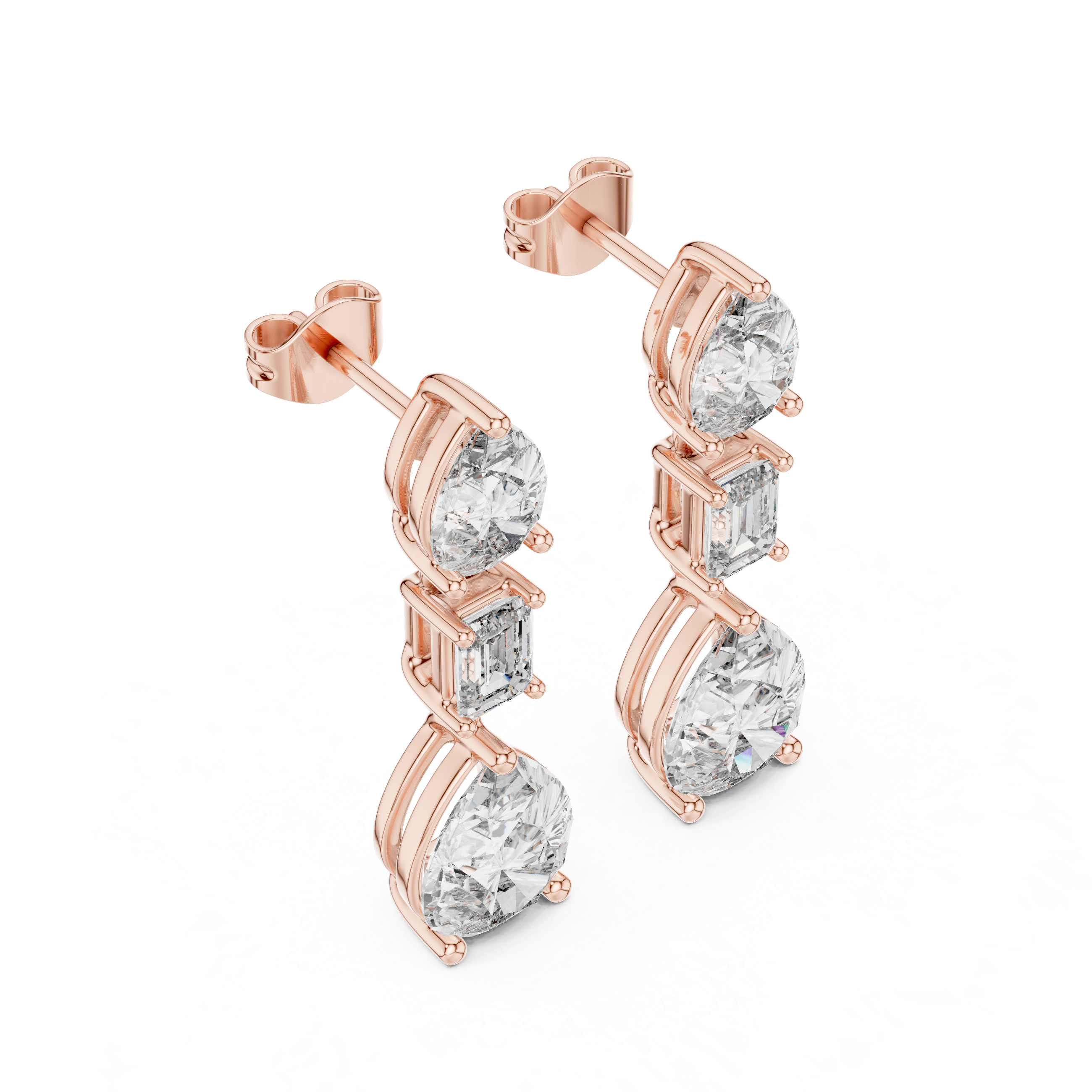 Pear and emerald cut lab grown diamond drop earrings in gold by Signora Jewels