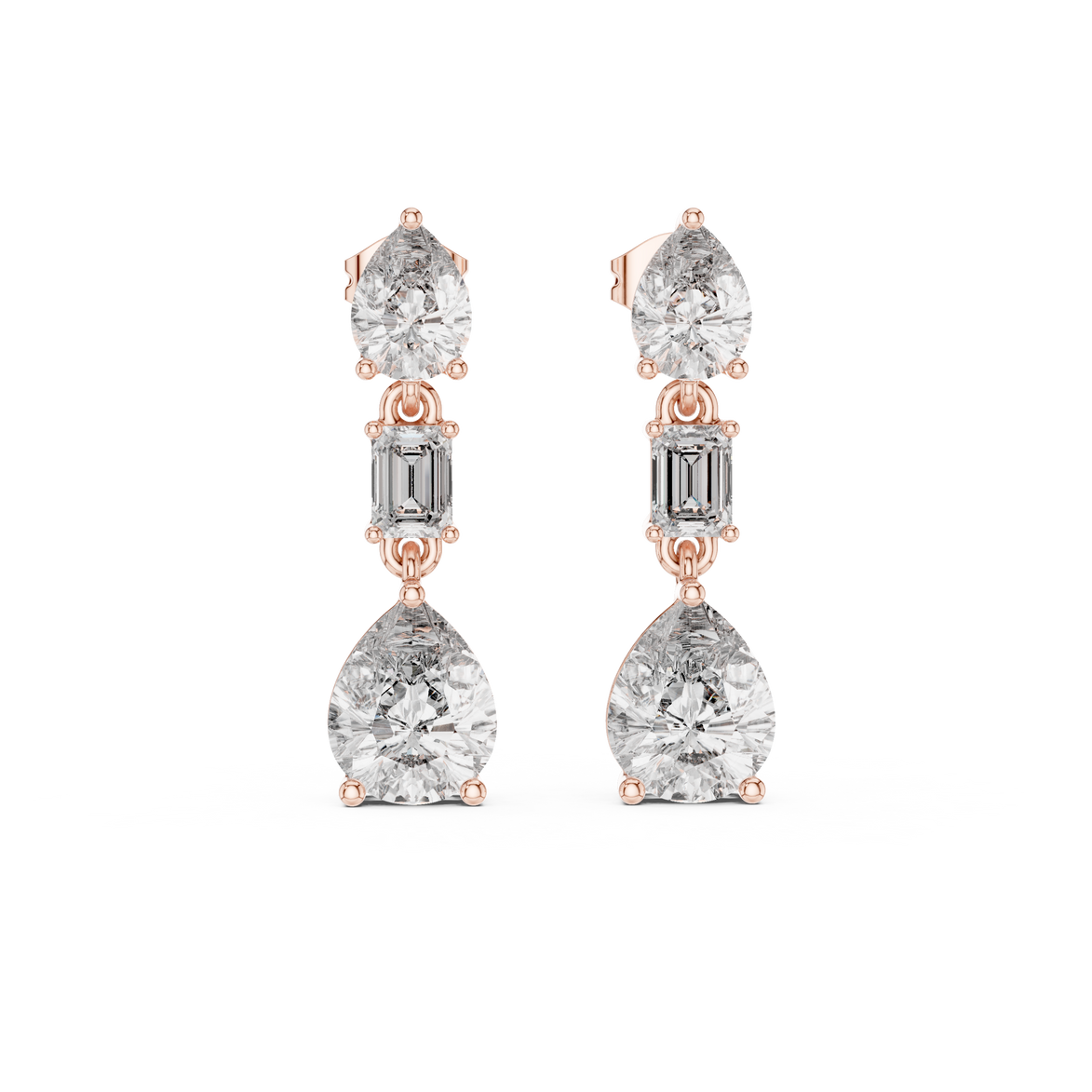 Pear and emerald cut lab grown diamond drop earrings in gold by Signora Jewels