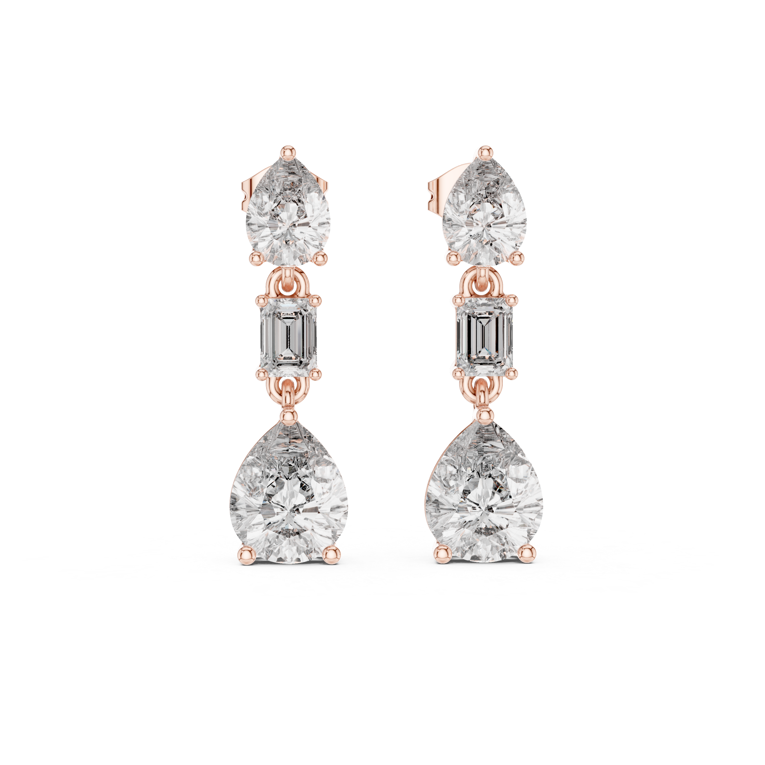 Pear and emerald cut lab grown diamond drop earrings in gold by Signora Jewels