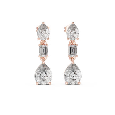 Pear and emerald cut lab grown diamond drop earrings in gold by Signora Jewels