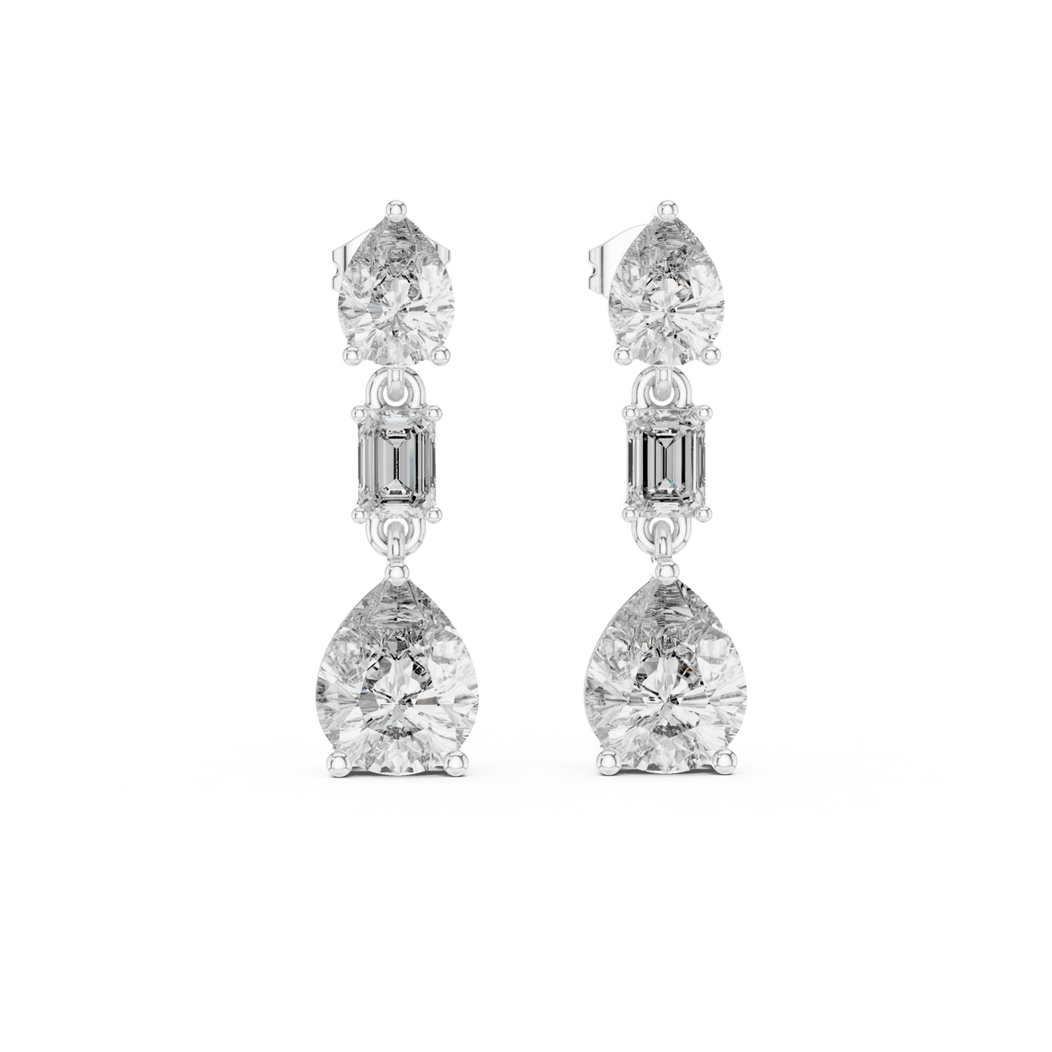 Pear and emerald cut lab grown diamond drop earrings in gold by Signora Jewels