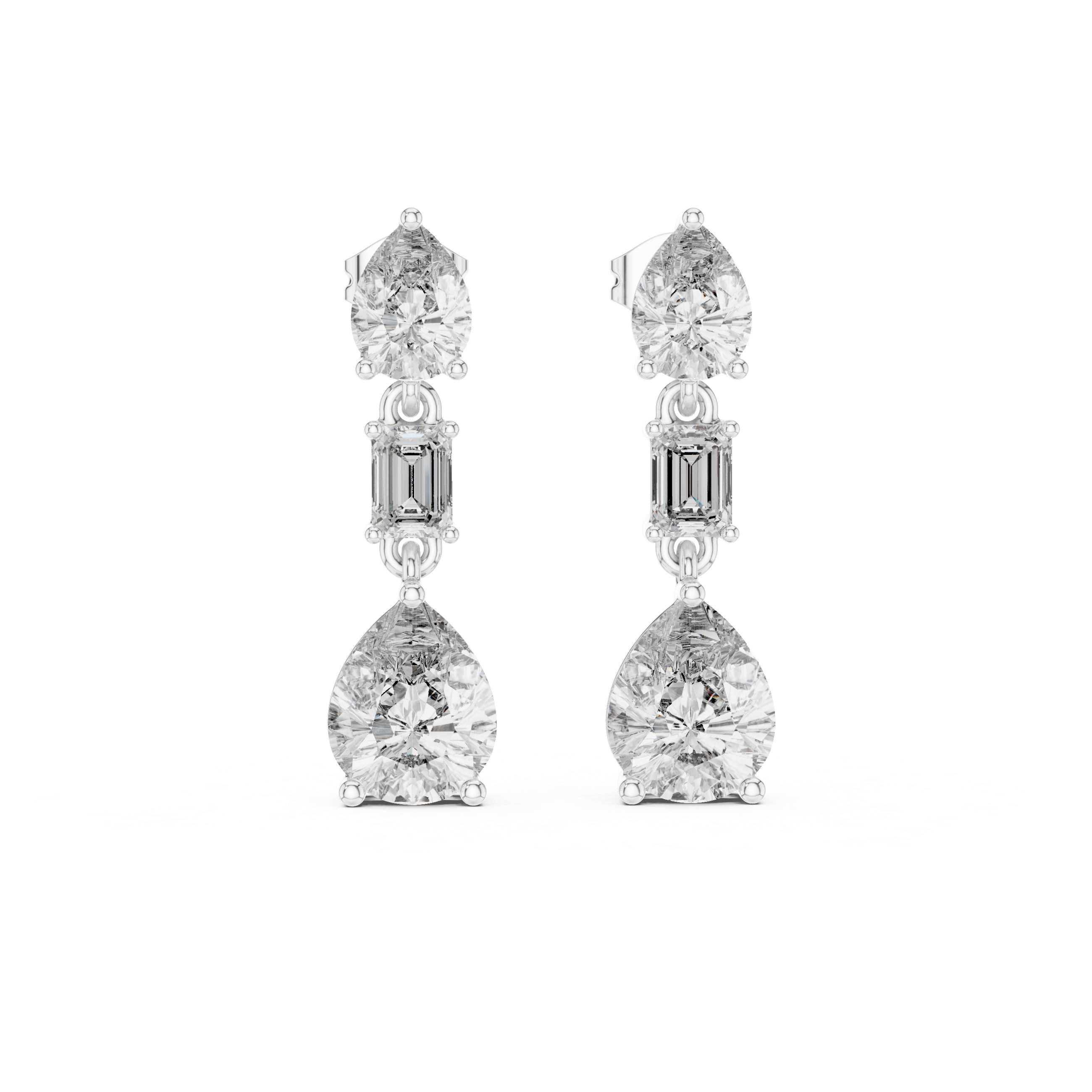 Pear and emerald cut lab grown diamond drop earrings in gold by Signora Jewels
