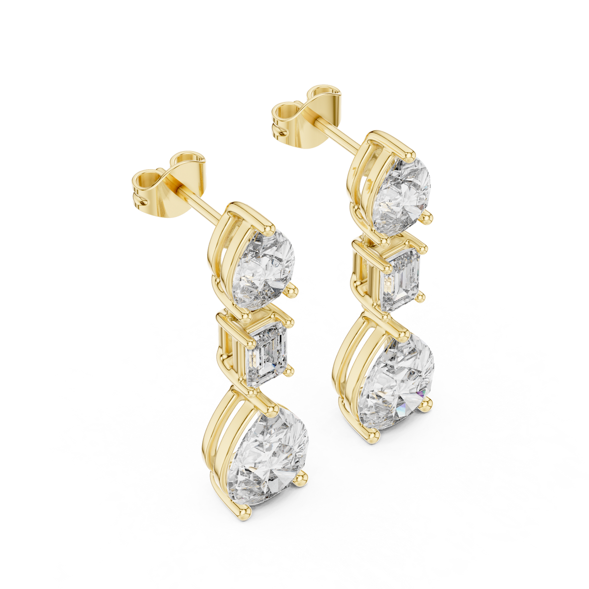 Pear and emerald cut lab grown diamond drop earrings in gold by Signora Jewels