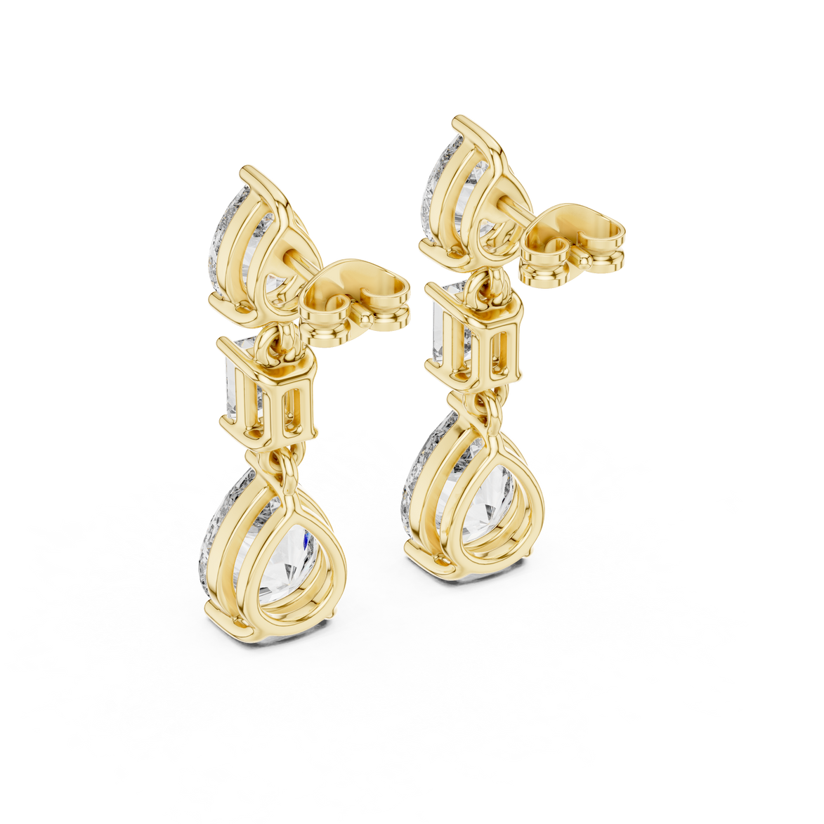 Pear and emerald cut lab grown diamond drop earrings in gold by Signora Jewels
