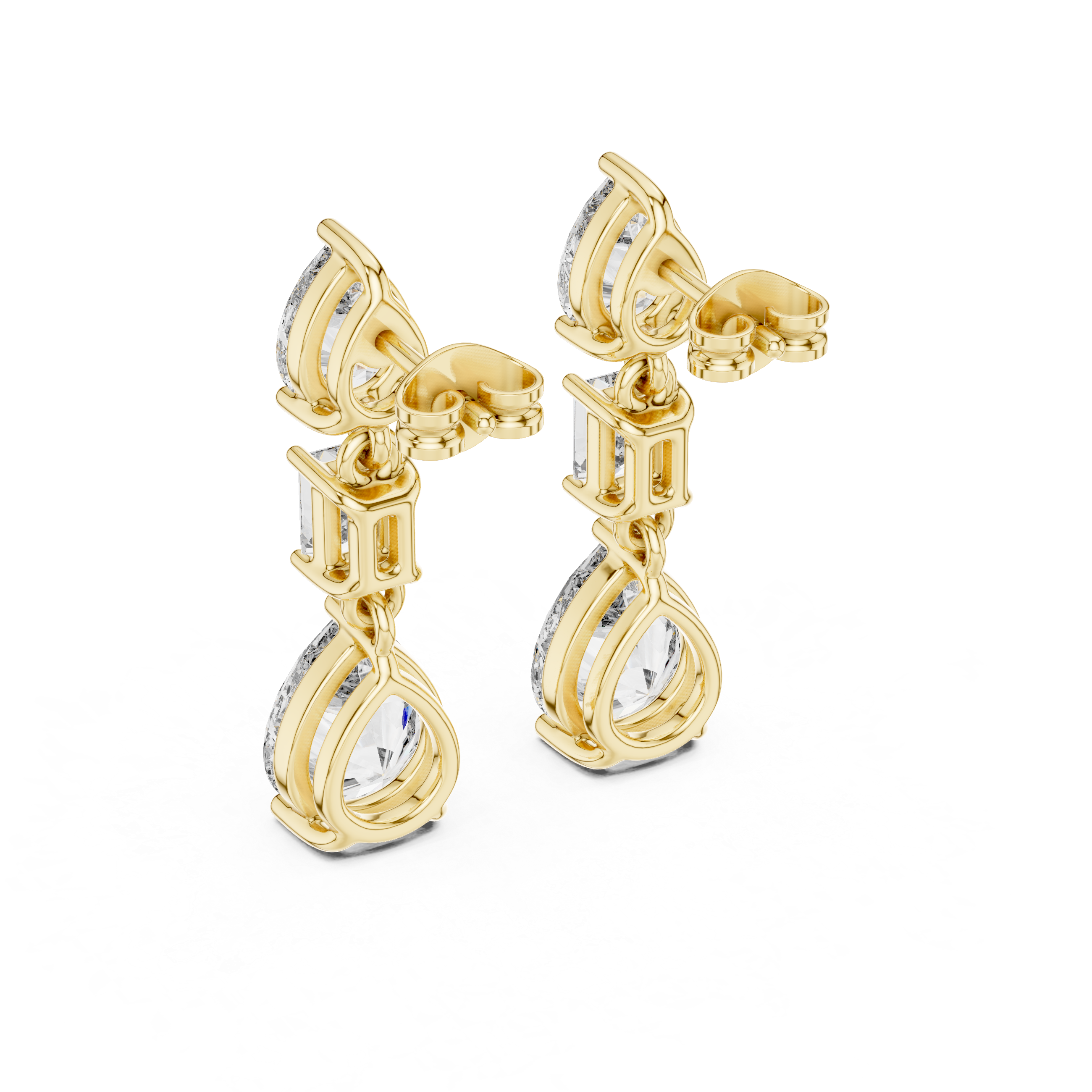 Pear and emerald cut lab grown diamond drop earrings in gold by Signora Jewels