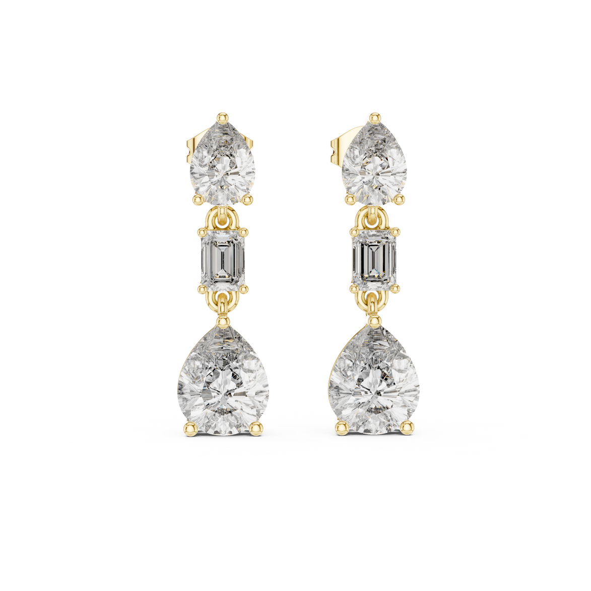Pear and emerald cut lab grown diamond drop earrings in gold by Signora Jewels