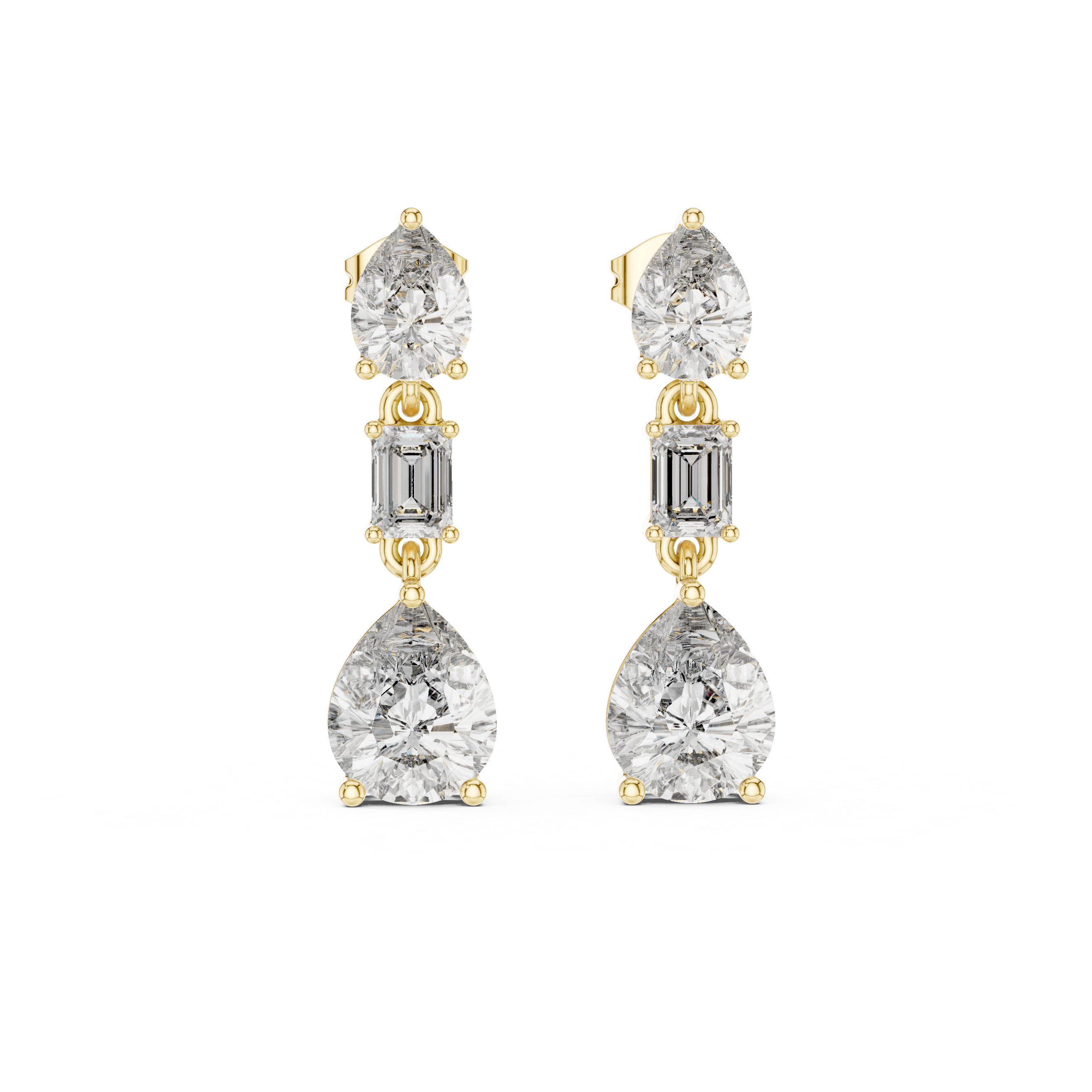 Pear and emerald cut lab grown diamond drop earrings in gold by Signora Jewels