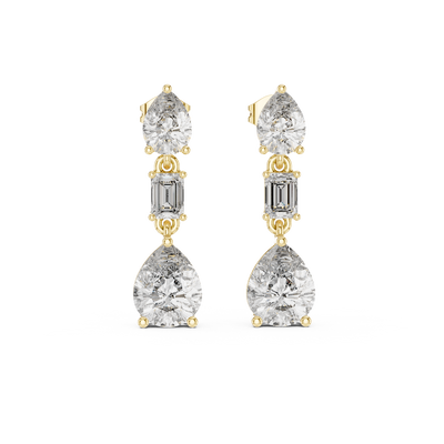 Front view of Cascade Elegance pear and emerald cut diamond drop earrings in yellow gold.