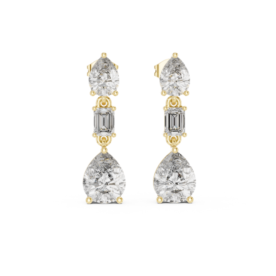 Front view of Cascade Elegance pear and emerald cut diamond drop earrings in yellow gold.