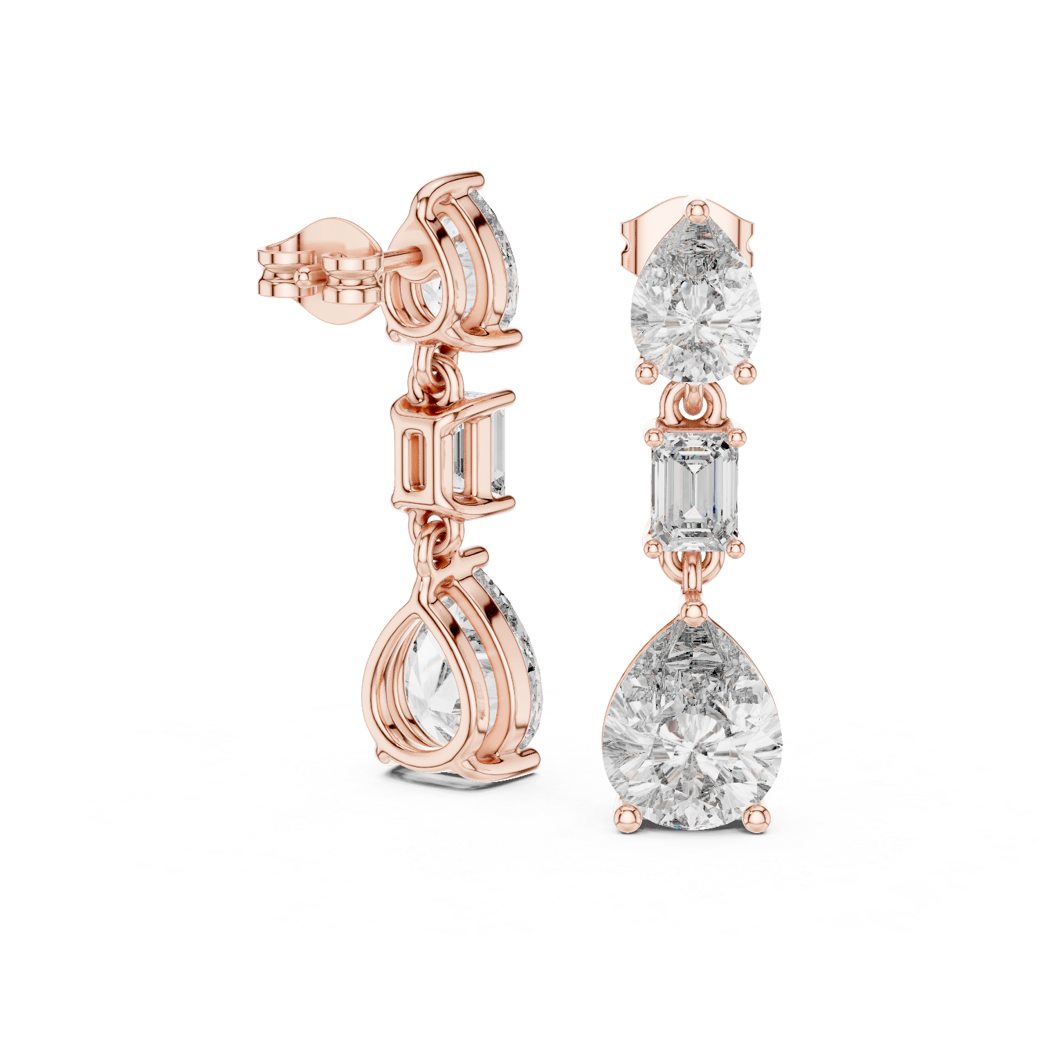 Pear and emerald cut lab grown diamond drop earrings in gold by Signora Jewels